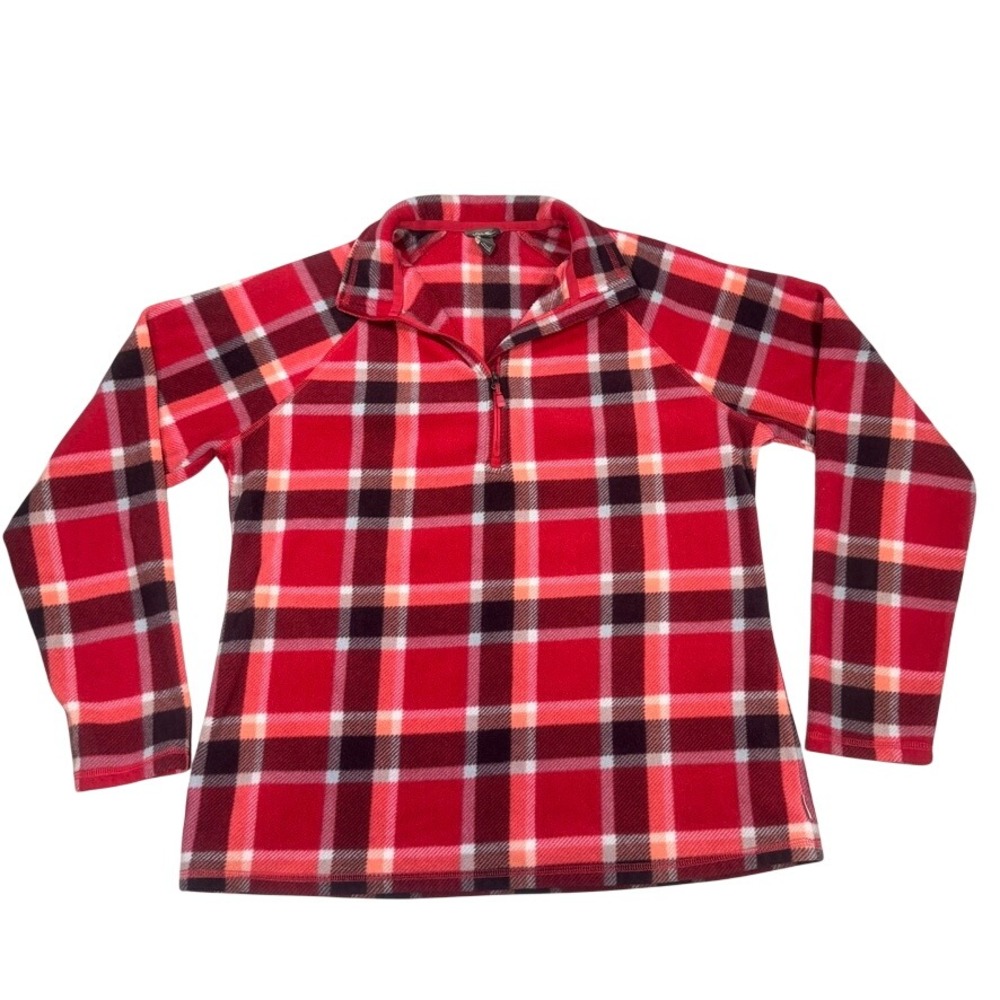 Eddie Bauer Plaid Quarter Zip Fleece Pullover Size Large Women Red Soft Layer